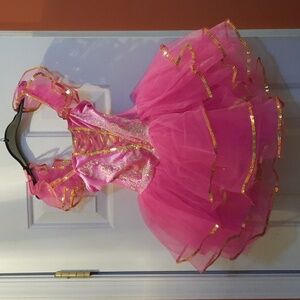 Hot pink dance costume with gold sequins